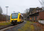   Der VT 251 (95 80 0648 151-8 D-HEB / 95 80 0648 651-7 D-HEB) der HLB (Hessische Landesbahn), ein Dieseltriebzug vom Typ Alstom Coradia LINT 41 am 04.01.2018 beim Halt im Bahnhof Hachenburg.