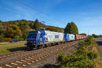   Zwei Traxx F140 AC in Doppeltraktion, die RBH 205 (145 101-2) und RBH 206 (145 102-0) fahren am 29.09.2018 mit einem Kohlezug durch Leutesdorf (Rhein) in Richtung Norden.