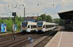 Mit den Eurobahn-Stadler FLIRT und dem RE 13 (Hamm (Westfalen) - Venlo/Niederlande) unterwegs: Am 04.08.2013 begegnen sich zwei Züge des RE 13 am S-Bahnhof Düsseldorf-Bilk, links ET 6.01