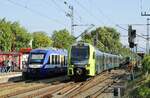 Am 10.07.2023 verlässt der Flirt 3 ET 5.02 der Nordbahn den Bahnhof Elmshorn mit einem Zug der RE-Linie 61 von Hamburg-Altona nach Itzehoe, daneben ein LINT 41 der