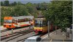 Bahnhof Orbe mit dem defekten Stadler Be 2/2 N° 14 (links im Bild) und dem dafür erworbenen Be 4/8 003 als Regionalzug nach Chavornay.