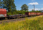 Sechsachsiger Drehgestell-Flachwagen (Schwerlastwagen), mit Einsteck-Rungen, Stirnwandklappen und klappbaren Ladeschwellen, jedoch ohne Seitenwandklappen, 31 80 4865 369-1 D-DB, der Gattung Samms 709,