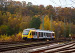   Der VT 254  (95 80 0648 154-2 D-HEB / 95 80 0648 654-1 D-HEB), ein Alstom Coradia LINT 41 der HLB (Hessische Landesbahn), am 04.11.2017 in Betzdorf/Sieg auf Rangierfahrt.