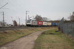 186 385-1 mit einem Containerzug in der Treuchtlinger Kurve in Nürnberg Hohe Marter.