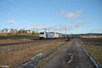 185 663 zieht den Panneuropa/Terra Trans Wechselpritschenzug bei Oberdachstetten in Richtung Würzburg. 12.01.25