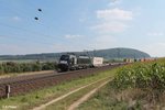 ES64 U2-064 zieht ein Containerzug nach Norden kurz hinter Treuchtlingen bei Wettelsheim.