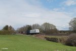 223 143 rollt langsam mit dem Wiesau Containerzug bei Schönfeld ihrem Ziel entgegen.