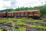   Drehgestellflachwagen mit vier Radsätzen und Niederbindeeinrichtung, 31 80 4723 383-4 D-DBSNI, der Gattung Snps 719 der DB Cargo Logistics GmbH (ex DB Schenker Nieten GmbH) beladen mit