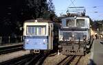 Zugspitzbahn Lok Nr.3 Bo von AEG Baujahr 1929 (heute auf Denkmalsockel) und Steuerwagen Nr.21 in Grainau am 24.08.1983.