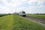 186 382-8 zieht bei Uffenheim mit einem Autotransportzug gen Süden. 04.06.24