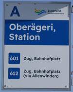 (269'085) - Zugerland Verkehrsbetriebe-Haltestellenschild - Obergeri, Station - am 9. November 2024