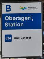 (269'090) - Zugerland Verkehrsbetriebe-Haltestellenschild - Obergeri, Station - am 9. November 2024