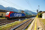 Die SBB Cargo Re 484 020 / E 484.020 SR (91 85 4 484 023-3 CH-SBBC) kommt am 03.08.2019 mit einem RAlpin-ROLA-Zug aus Novara in Domodossola an.