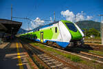 Der Trenord „Caravaggio“ ETR 421-042 (94 83 4441 842-5 I-TN / 94 83 4441 042-0 I-TN) ein vierteilige Hitachi Caravaggio am 25 Mai 2023 im Bahnhof Domodossola. 

Diese Doppelstock-Elektrotriebzüge vom Typ Hitachi Caravaggio heißen bekanntlich bei der Trenitalia „Rock“, aber bei der Trenord heißen sie (wie bei Hitachi) „Caravaggio“. Die Züge sind aber sehr ähnlich dem „Rock“ von Trenitalia, der Unterschied liegt wohl in der Innengestaltung. Einige der Züge für Trenord wurden aber aus der Produktionslinie für die Trenitalia entnommen und weisen daher die gleiche Inneneinrichtung auf, während die übrigen das Trenord-Interieur erhalten haben.

Die Trenord hat z.Z. 105 dieser Doppelstock-Elektrozüge vom Typ Hitachi „Caravaggio“, als Baureihe ETR 421, ETR 521 oder ETR 521 S1 (ETR steht für italienisch Elettro Treno Rapido). Der Unterschied zwischen den beiden fünfteiligen ETR 521 und ETR 521 S1 (ursprünglich als ETR 522 vorgesehen) ist mir noch unbekannt.

Caravaggio für die FNM
Die Ferrovie Nord Milano unterzeichnete im September 2018 einen Rahmenvertrag über maximal 120 Züge mit vier oder fünf Wagen. Ein erster Abruf von 2018 umfasst 30 Vierteiler. Diese Fahrzeuge sind bei der Trenord für den Einsatz auf der S-Bahn Mailand vorgesehen. Weitere 10 Fünfteiler wurden für den Malpensa Express zum Mailänder Flughafen und 16 Vierteiler für eine Flughafenverbindung in Bergamo bestellt. Ein dritter Auftrag beinhaltet zusätzliche 10 Vierteiler und 40 Fünfteiler, die ab 2022 ausgeliefert wurden. Insgesamt werden folglich 56 Vierteiler und 50 Fünfteiler ausgeliefert. 

Der Hitachi Caravaggio ist ein elektrischer Doppelstock-Triebzug, der von Hitachi Rail Italia in Reggio di Calabria und Neapel gefertigt wird. Die italienische Trenitalia setzt diesen Typ unter dem Namen „Rock“ im Regionalzugverkehr ein. Ein Folgeauftrag, vier- und fünfteiligen Zügen, wurde von den Ferrovie Nord Milano (Trenord) für den Nahverkehr rund um Mailand bestellt, hier haben sie den Namen „Caravaggio“

Die Züge sind als ETR.421, ETR.521 und ETR.621 im italienischen Baureihenverzeichnis eingereiht, wobei die erste Ziffer die Anzahl der Wagen kennzeichnet. Hitachi nennt die Grundkonstruktion Masaccio. Auf der gleichen Plattform bauen die Blues-Dieseltriebzüge der Trenitalia auf. Diese sind einstöckig und mit Akkus ausrüstbar. Namensgeber für die Zugtypen sind die italienischen Künstler Masaccio und Caravaggio, die im 15. und 16. Jahrhundert herausragende Gemälde schufen.

Der Hersteller Hitachi Rail Italy S.p.A. ist kein unbekannter auf Italiens Schienen, denn Hitachi war bis 2015 noch AnsaldoBreda und war auch an der Entwicklung und Bau der Hochgeschwindigkeitszügen ETR 400 (Frecciarossa 1000) beteiligt. Im Jahr 2015 übernahm der japanische Konzern Hitachi die AnsaldoBreda. Hitachi Rail Italien baut im Werk Pistoia (nördlich von Florenz) die doppelstöckigen Elektrotriebzüge (EMU) vom Typ „Caravaggio“. In Neapel werden die Drehgestelle und Komponenten gebaut.

Bauart / Aufbau
Die Züge bestehen aus vier bis sechs Doppelstockwagen. Jeder Wagen besitzt zwei einflügelige Türen im Unterstock pro Wagenseite. Ein Wagenteil ruht jeweils auf 2 luftgefederten Drehgestellen, die Frontwagen besitzen jeweils 2 Triebdrehgestelle mit je zwei TSA-Gleichstrommotoren, so ergibt sich ein Gesamt-Stundenleistung von 3.400 kW. Die sechsteiligen EMU haben zudem in der Mitte noch ein weiteres Wagenteil mit 2 Triebdrehgestellen, so haben die ETR 621 die Achsfolge Bo′Bo′+2′2′+2′2′+Bo′Bo′+2′2′+Bo′Bo′ und eine Gesamt-Stundenleistung von 4.200 kW (vermutlich gedrosselte Leistung). Die Züge sollen 30 % weniger Energie pro Passagierkilometer verbrauchen und mehr Passagiere pro Wagenlänge befördern können als frühere Modelle.

Jeder Zug wird von einem 3-kV-Gleichstromsystem angetrieben, dass 3.400 kW (4.600 PS) erzeugt und eine Höchstgeschwindigkeit von 160 km/h (99 mph) erreicht. Die Antriebsausrüstung ist größtenteils auf dem Dach montiert, wodurch der Innenraum optimal für die Unterbringung der Passagiere genutzt werden kann. Die Beschleunigung des Zuges beträgt 1,1 m/s², was zu einer verbesserten Pünktlichkeit beiträgt. Der Zug ist mit seitlichen und nach vorne gerichteten Kameras mit Anomalie-Erkennung ausgestattet. Der Wagenkasten besteht hauptsächlich aus Leichtmetalllegierungen, was ein geringes Gewicht pro Passagier und eine hohe Passagierkapazität pro Längeneinheit ermöglicht. Die Passagierkapazität variiert je nach Betreiber.

Ein Zug ist zu einem einzigen durchgängigen barrierefreien Raum, ohne Türen oder Trennwände, angeordnet. Der neue Zug besitzt sehr große Fenster. Die Züge verfügen über Klimaanlagen, die sich an die Anzahl der Fahrgäste an Bord anpasst, um den Energieverbrauch zu senken. Jeder fünfteilige hat zehn Türen/Seite (vierteilige 8) und zwei Toiletten (eine Standardtoilette und eine für Personen mit eingeschränkter Mobilität). Zwei Bereiche in der Nähe der barrierefreien Toiletten sind für Rollstühle reserviert und verfügen über Andockmöglichkeiten und Serviceruftasten. Der Caravaggio verfügt über Gepäckablagebereiche und spezielle Stellplätze für Fahrräder und Kinderwaagen, sowie Steckdosen zum Aufladen von Elektrofahrrädern. Die Züge sind mit LED-Beleuchtung, WLAN, USB-Anschlüssen, einem Fahrgastinformationssystem, Energiezählern und einem Fahrgastzähler ausgestattet. Treppen über den Drehgestellen ermöglichen den Zugang zum Oberdeck. Die Türen sind mit Schiebetritten ausgestattet, um den Spalt zwischen Bahnsteig und Fahrzeug zu überbrücken, wenn der Zug steht. Für Fahrgäste mit eingeschränkter Mobilität steht zudem eine manuell bedienbare Rampe zur Verfügung.

TECHNISCHE DATEN der ETR 421 (4-Teiler):
Typ: Hitachi Caravaggio
BR / Bezeichnungen: ETR 421, bei TN „Caravaggio“ und bei Trenitalia „Rock“
Baujahre: ab 2017
Spurweite: 	1.435 mm (Normalspur)
Fahrzeugbegrenzungslinie: GB
Achsfolge: Bo'Bo '+ 2'2' + 2'2 '+ Bo'Bo' 
Länge über Puffer: 109.600 mm 
Breite: 2.800 mm
Höhe über SO (ohne Stromabnehmer): 4.300 mm
Drehzapfenabstände (je Wagen): 19.100 mm
Achsabstand im Drehgestell: 2.650 mm
Treib- und Laufraddurchmesser: 920 mm (neu)
Höchstgeschwindigkeit: 160 km/h
Eigengewicht: ca. 204,0 t
Max. Achslast: 18,5 t
Beschleunigung:  1,10 m/s²
Anzahl der Motoren: 8 luftgekühlte TSA-Gleichstrommotore
Traktionsmotoren: Typ TME 59A-22-4 von TSA - Traktionssysteme Austria GmbH (Wiener Neudorf)
Stundenleistung: 3.400 kW (4.622 PS)
Stromsystem: 3.000 V DC (=)
Sitzplätze: ca. 479 
Toiletten: 2 geschlossenes System, davon 1 Rollstuhlgerecht
Türen je Längsseite: 8
Kupplung: Scharfenbergkupplung (SCHAKU) Typ 10
Bremse: KB R-E-A (D)

Abweichende TECHNISCHE DATEN der ETR 521 (5-Teiler):
BR / Bezeichnungen: ETR 521, bei TN „Caravaggio“ und bei Trenitalia „Rock“
Achsfolge: Bo'Bo '+ 2'2' + 2'2 '+ 2'2 '+ Bo'Bo' 
Länge über Puffer: 136.800 mm
Sitzplätze: ca. 600
Türen je Längsseite: 10

Abweichende TECHNISCHE DATEN der ETR 621 (6-Teiler):
BR / Bezeichnungen: ETR 621, bei Trenitalia „Rock“
Achsfolge: Bo'Bo '+ 2'2' + 2'2 '+ Bo'Bo' + 2'2 '+ Bo'Bo' 
Länge über Puffer: 163.400 mm
Anzahl der Motoren: 12 luftgekühlte TSA-Gleichstrommotore
Stundenleistung: 4.200 kW (5.710 PS), gedrosselt
Sitzplätze: ca. 720
Türen je Längsseite: 12

Quellen: Trenord, Trenitalia, Hitachi, TSA, Anschriften an den ETR, Wikipedia (D und I) 
Stand: September 2025
