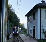 In der kleinen Station Marone kreuzt unser talwärts fahrende Zug den ABe 8/8 21  Roma  au dem Weg nach Folsogno-Dissimo.