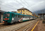 Der dreiteilige Ale 582-029 (ALe.582-029 /Le.763-1xx /Le.562-014 „Maloja“)  der Trenord steht am 02.11.2019 im Bahnhof Tirano, als Regionalzug (Ferrovia Alta Valtellina /