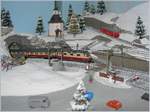 Die Märklin mini club Z Spur SBB Re 4/4 II 11161 mit dem TEE  Roland  in einer Winterlandschaft.