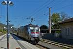 ÖBB Werbelok 1116 157 schiebt ihren RJ Zug in Richtung Klagenfurt aus dem Bahnhof Velden aus.