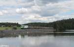 ER20-03 zieht mit dem Cheb - Regensburg Holzzug am Rechenweiher gen Süden.