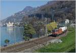 Die SBB Re 420 277-6 mit einem Güterzug Richtung Wallis beim Schloss Chillon.