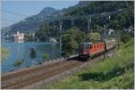 Die SBB Re 620 030-7 mit einem Güterzug vor der Kulisse des Château de Chillon bei Villeneuve.