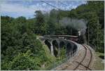 Die erst vor kurzem aus Meiningen zurückgekehrte BFD HG 3/4 N° 3 der Blonay Chamby Bahn ist mit einem langen Reisezug auf dem Baye de Clarens Viadukt auf dem Weg nach Chamby.