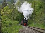 Die SEG G 2x 2/2 105 der Blonay-Chamby Bahn nimmt bie Vers-Chez-Robert die kräftige Steiugn nach Chamby in Angriff.