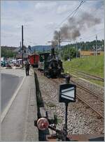 Die LEB G 3/3 N° 5 (Baujahr 1890) der Blonay-Chamby Bahn übernimmt in Blonay ihren Zug zur Rückfahrt nach Chaulin.