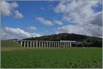 Ein BLS RABe 528 MIKA ist als IR 66 3222 von Bern nach La Chaux de Fonds unterwegs und fährt kurz vor Gümmenen über das markante, 293 Meter lange Gümmenviadukt.

5. Oktober 2024