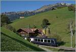 Der Steuerwagen des GoldenPass Express Montreux Interlaken bei Weissenburg.