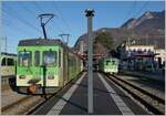 Der TPC ASD BDe 4/4 403 mit Bt 431 und BDe 4/4 402 warten in Aigle auf die Abfahrt nach Les Diablerets.