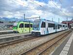 Der neue TPC ASD ABe 4/8 473  Glacier 3000  wartet in Aigle auf die Abfahrt nach Les Diablerets.