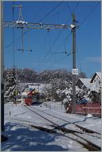 Ein TPF Regionalzug von Bulle nach Palézieux erreicht Châtel St-Denis.