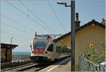 Ein SBB RABe 523 014 auf dem Weg nach Villeneuve erreicht den Halt St-Saphorin.