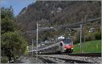 Der SBB Flirt RABe 523 114 und ein weiterer sind als R 4 von Les Brassus/Vallorbe kurz vor Villeneuve auf dem weg nach Bex.