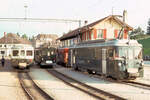 Triebwagen 142 der einstigen Gruyère-Fribourg-Morat Bahn GFM, der anfänglich der Beförderung von Kieswagen für die damals im Bau befindliche Autobahn diente.