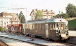 Triebwagen 141 der einstigen Gruyère-Fribourg-Morat Bahn GFM, der anfänglich der Beförderung von Kieswagen für die damals im Bau befindliche Autobahn diente.