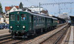 Am 12.08.2026 verl�sst der BDe 3/4 43 als Sonderzug den Bahnhof Romanshorn. Der 1938 von der Bodensee-Toggenburg-Bahn in Dienst gestellte Triebwagen trug fr�her die Bezeichnung  BCFe 3/4 43. 