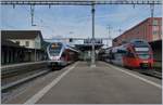 S-Bahn Verkehr in St.Margrethen: SOB RABe 526 056-7 als S 4 nach Sargans und ÖBB 4024 023-6 der Voralberger S-Bahn nach Bregenz.
11. Juli 2017