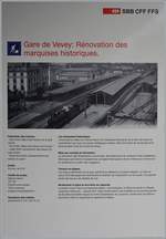 Mit diesen grossen Plakaten verkündet die SBB ihr Wille die historischen Bahnstiegdächer von Vevey zu restaurieren.