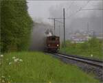 Vapeur Val-de-Travers: Train  Au fil de l'Areuse .

E 3/3 8511 nähert sich den Asphaltminen von La Presta. Mai 2023.