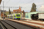 Die ehemalige VHB (Vereinigte Huttwil-Bahnen) / Strecke der ursprnglichen LHB(Langenthal-Huttwil-Bahn) / heute BLS S-Bahn Luzern S6 und S7: Huttwil, am 26.Februar 2017.