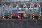 Etwas versteckt ist die ehemalige Haltinger Köf II 323 806-0 noch im Hafen Kleinhüningen zu finden. Auch wenn sie seit 2016 ausser Betrieb ist, so war ihr doch ein längeres Leben beschieden als den meisten ihrer Kolleginnen. Folglich Köf II-Freunde aufgepasst. Das Exemplar könnte verfügbar sein. Ein Kuriosum ist die Nummer RhB 20, denn diese Nummer ist auch von der Rhätischen Bahn für einen Schmalspur-Rangiertraktor vergeben, ein Jux der Mitarbeiter? Die Hauptuntersuchungen in der Schweiz wurden immerhin in der RhB Hauptwerkstätte gemacht. In Dienst kam die 1960 von der Firma Jung unter der Fabriknummer 13174 gebaute Lok als Köf 6736 bei der DB. Kleinhüningen, April 2018.