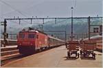 Die SBB Re 4/4 IV 10103 erreicht mit ihrem Nacht-Schnellzug Roma - Brig - Genève/Bern den Bahnhof Brig. Analog Bild vom 24. Mai 1984