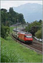 Zwei SBB Re 460 (davon eine im Hintergrund mittige gereiht) sind mit einem IR 90 in Richtung Brig bei Villeneuve unterwegs.