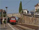 Eine SBB Re 460 ist die Schublok des IR 95 1710 auf dem Weg von Brig nach Nyon. Der Zug f�hrt durch den Bahnhof von Rivaz. 

12. August 2026