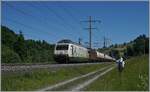 Die BLS Re 465 008 und eine BLS Re 4/4 mit einem Güterzug bei Mülenen auf dem Weg in Richtung Süden.