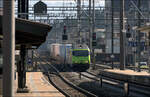 Mit Peter unterwegs in Bern -     Ein Güterzug mit BLS 465 012 und zweiter Lokomotive durchfährt den Bahnhof Gümligen.