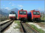 Der Intervallo (Sieste) ist bald vorbei, neu Arbeit wartet auf die FS 444 056 und die beiden SBB Re 474 014 und 015 in Domodossola. 
(Das Bild entstand unter Führung eines örtliche Guides) 
10. Sept. 2007