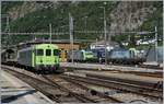 Viel BLS in Brig: der Steuerwagen des Tunnenautozugs Iselle - Kandersteg, die Re 485, Re 465 und Re 475.